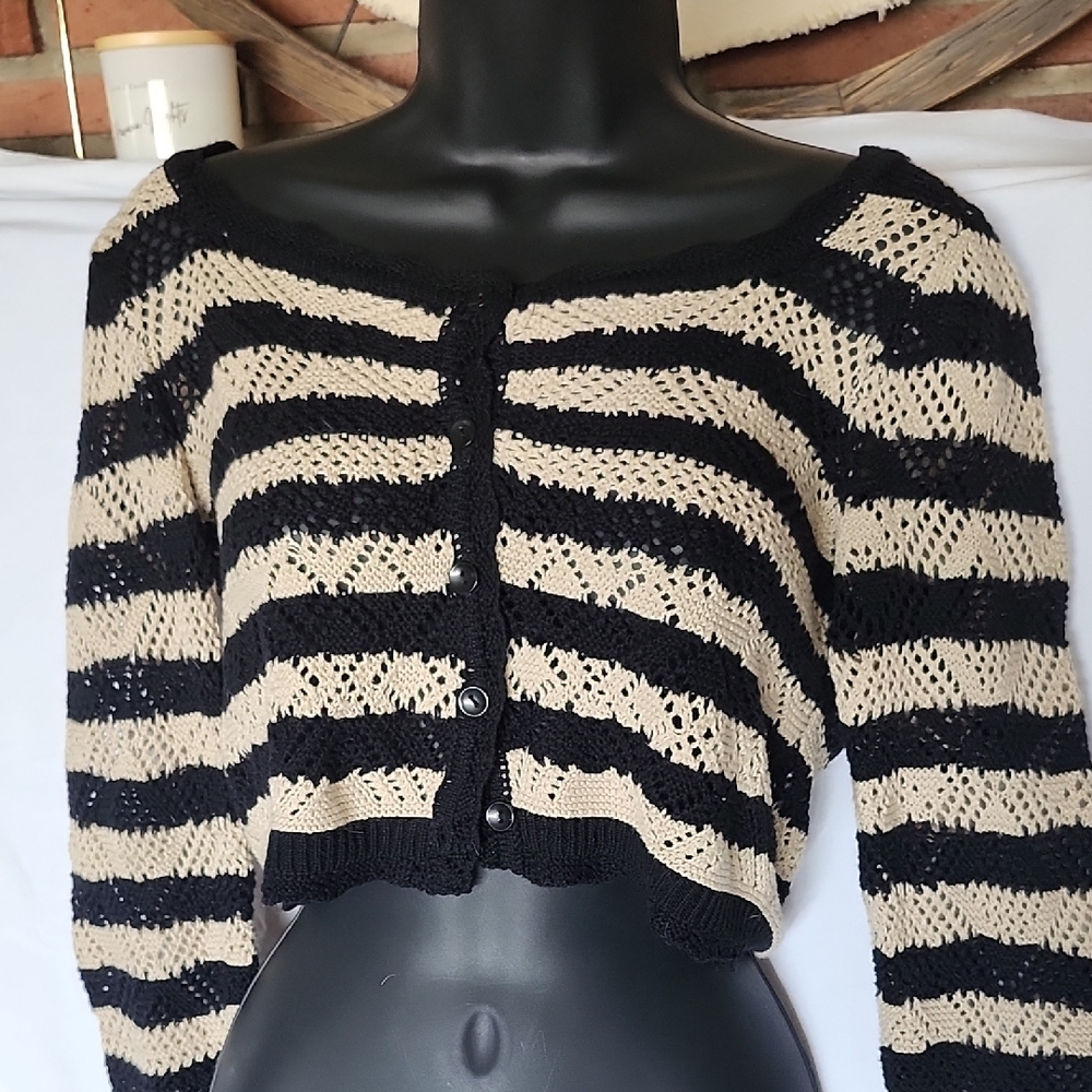 Chic Black and Cream Striped Cardigan